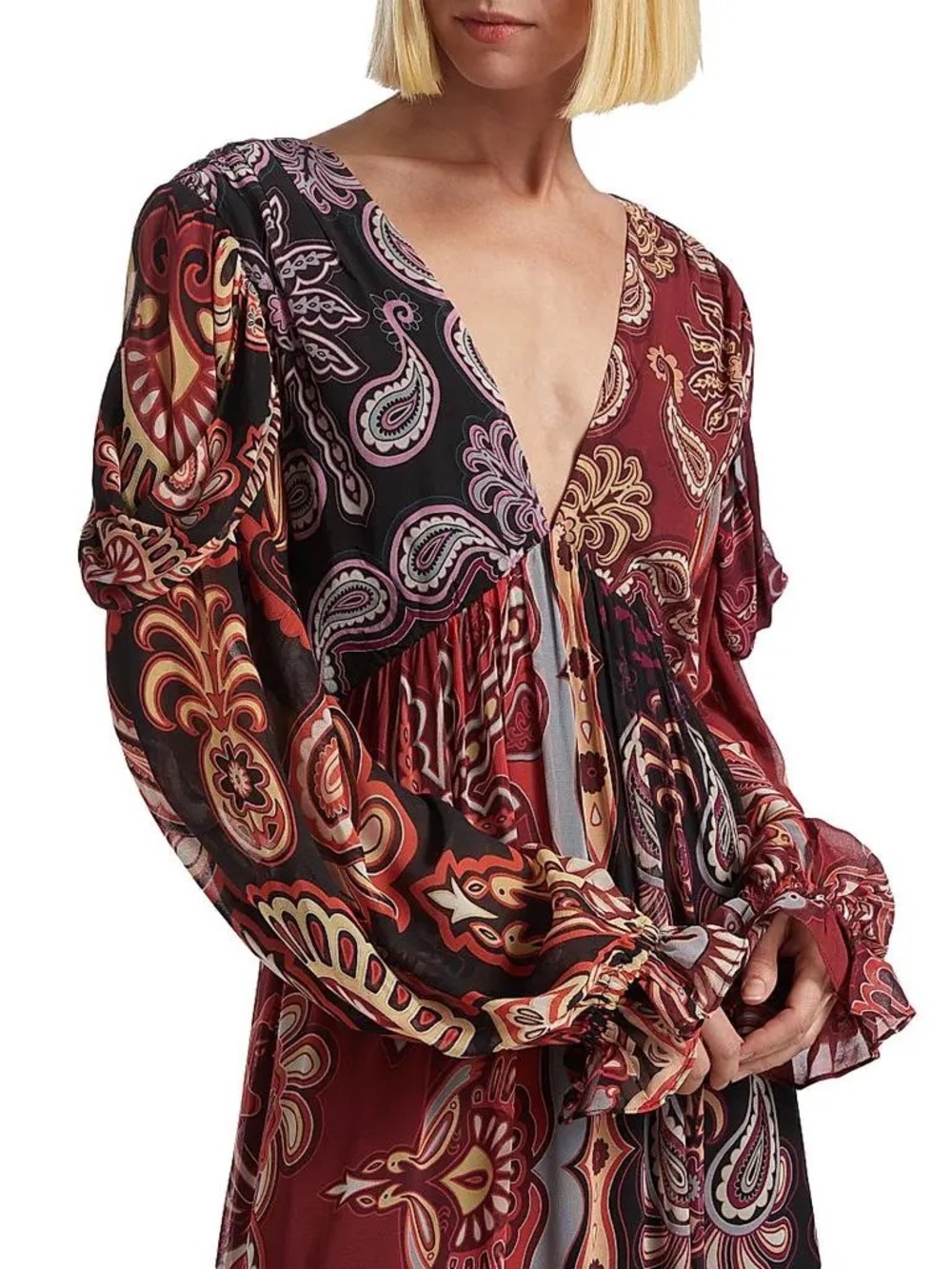 Farm Rio Boho Paisley V-Neck Maxi Dress in Burgundy - Picture 3 of 9